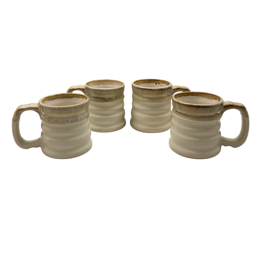 Vintage Signed Rodolfo Padilla Stoneware Coffee Mugs Set 4 Ribbed Art Drip Glaze